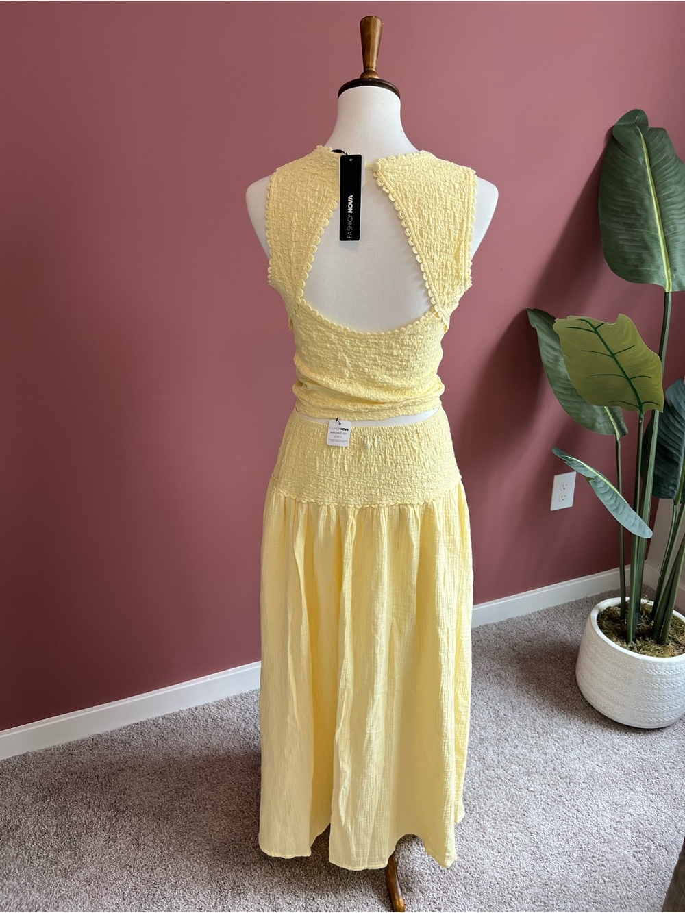 Yellow Smocked Crop Top & Midi Skirt Set Cottagecore Summer - Picture 3 of 3